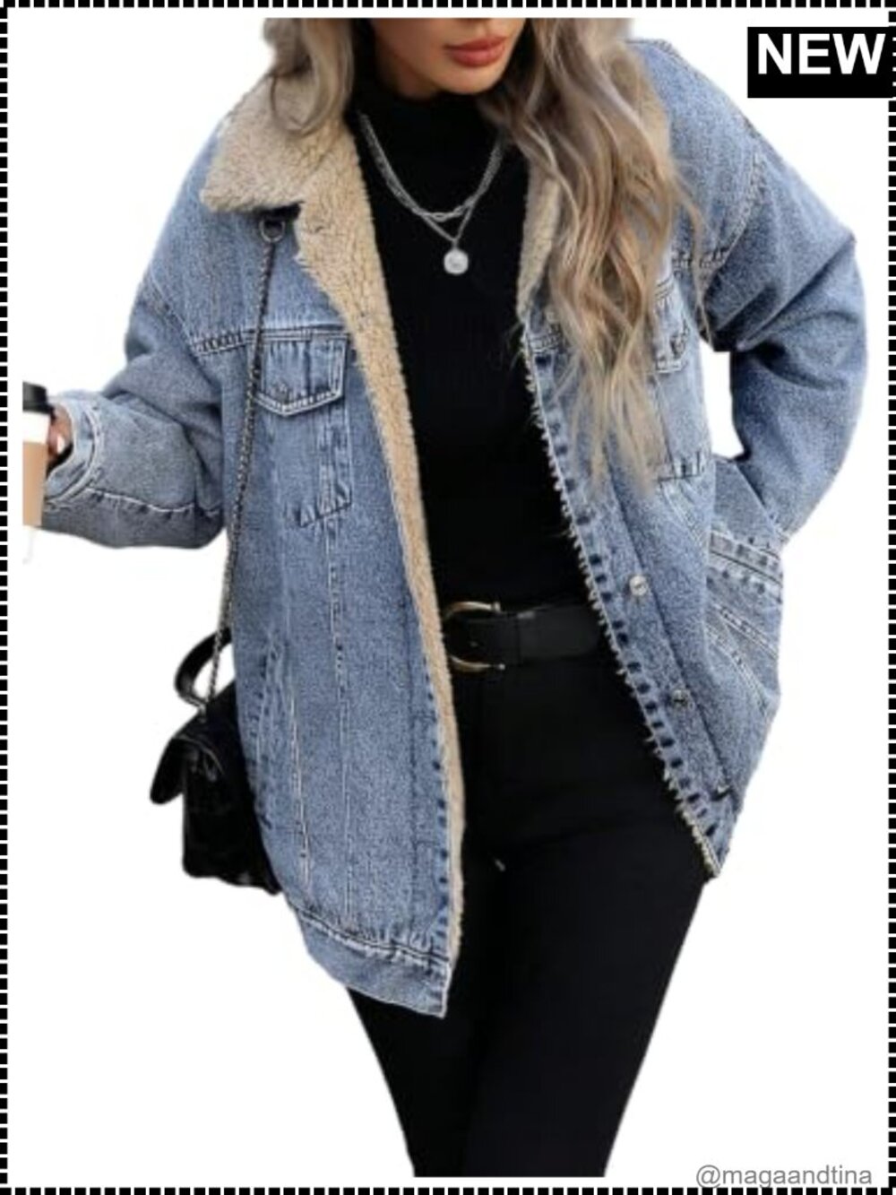 Sherpa Lined Oversized Trucker Denim Jacket Fleece Collar Boyfriend